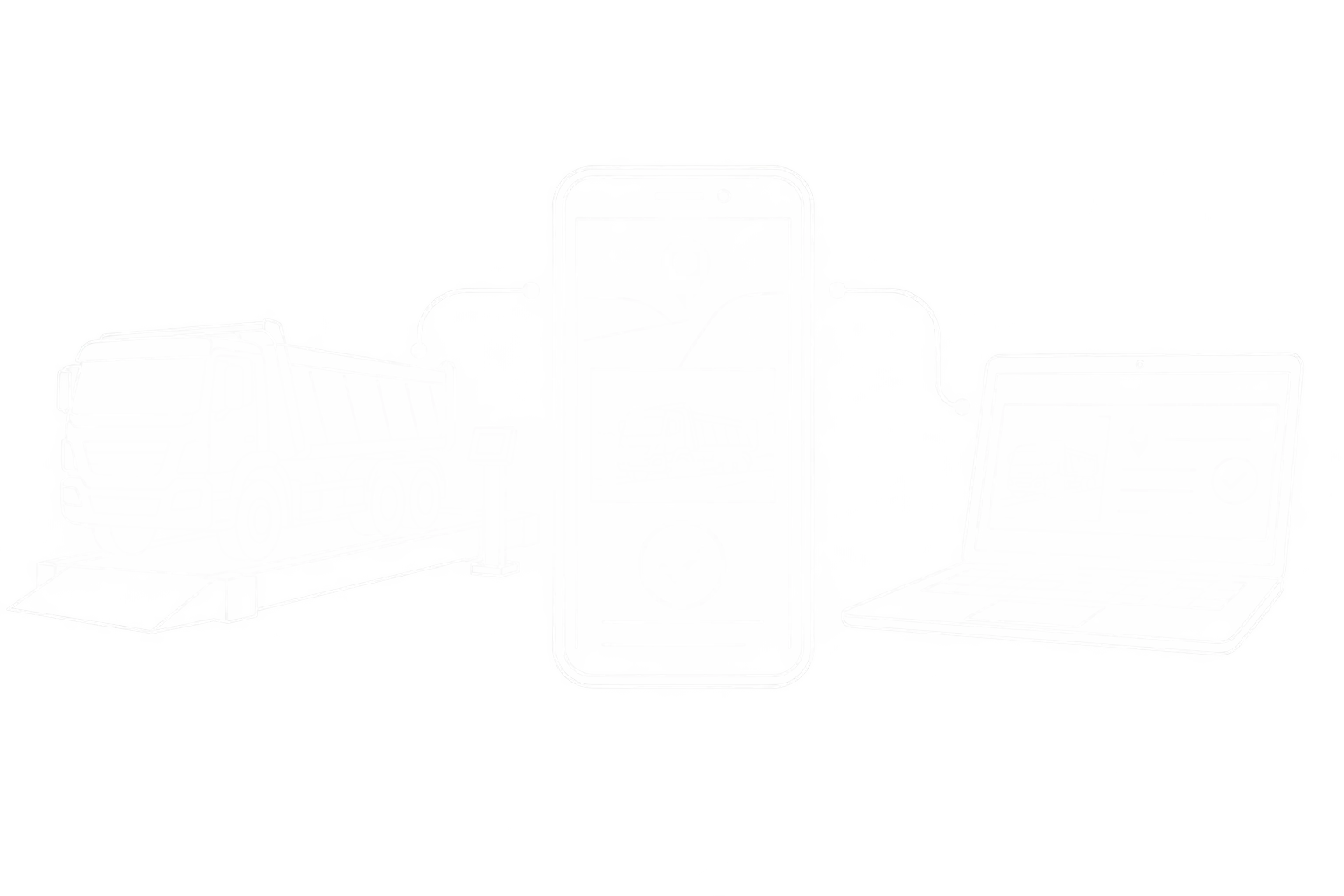 Weiße Linienzeichnung eines Smartphones, das Fahrer, Fahrzeugwaage und Büro verbindet