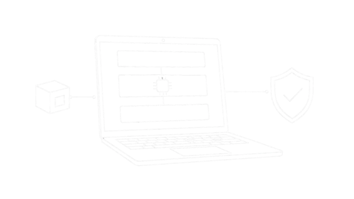 Weiße Linienzeichnung eines Laptops mit sauber geschichtetem Software-Kern, einem externen Paketbaustein und Sicherheitsschild