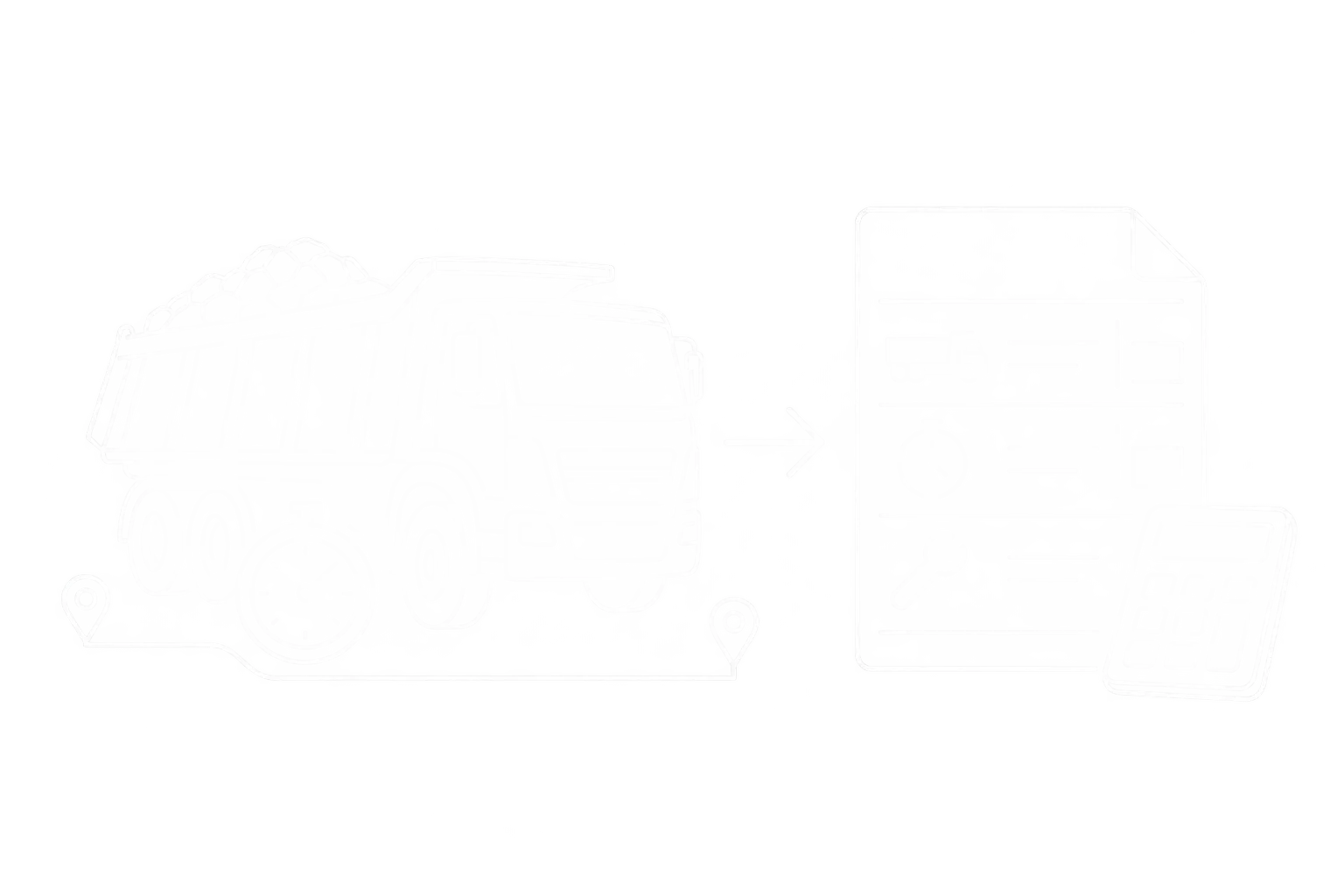 Weiße Linienzeichnung eines Baustoff-Lkw mit Wartezeituhr und separaten Positionen für Fracht und Nebenleistungen