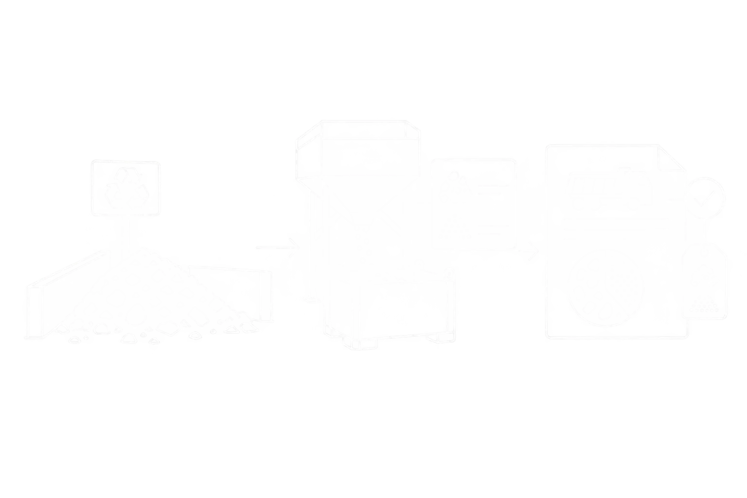 Weiße Linienzeichnung der Verbindung von Recyclingfraktion, Rezeptur und Charge mit dem dokumentierten Anteil auf dem Lieferschein