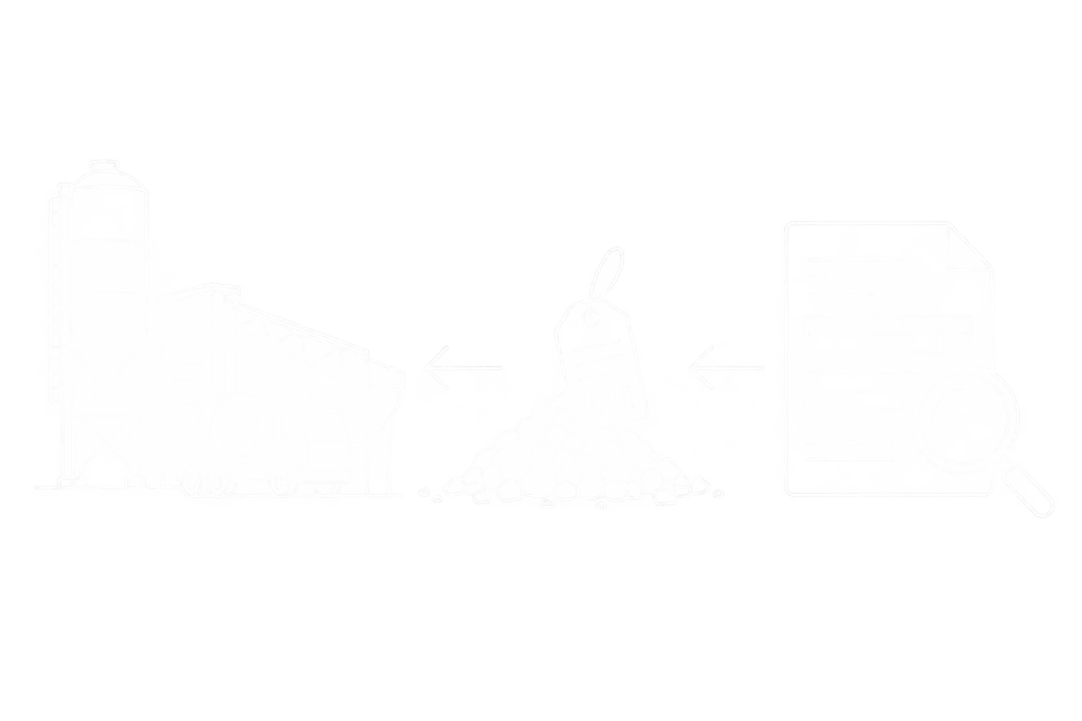 Weiße Linienzeichnung der Rückverfolgung eines Lieferscheins über die Materialcharge bis zum Baustoffwerk