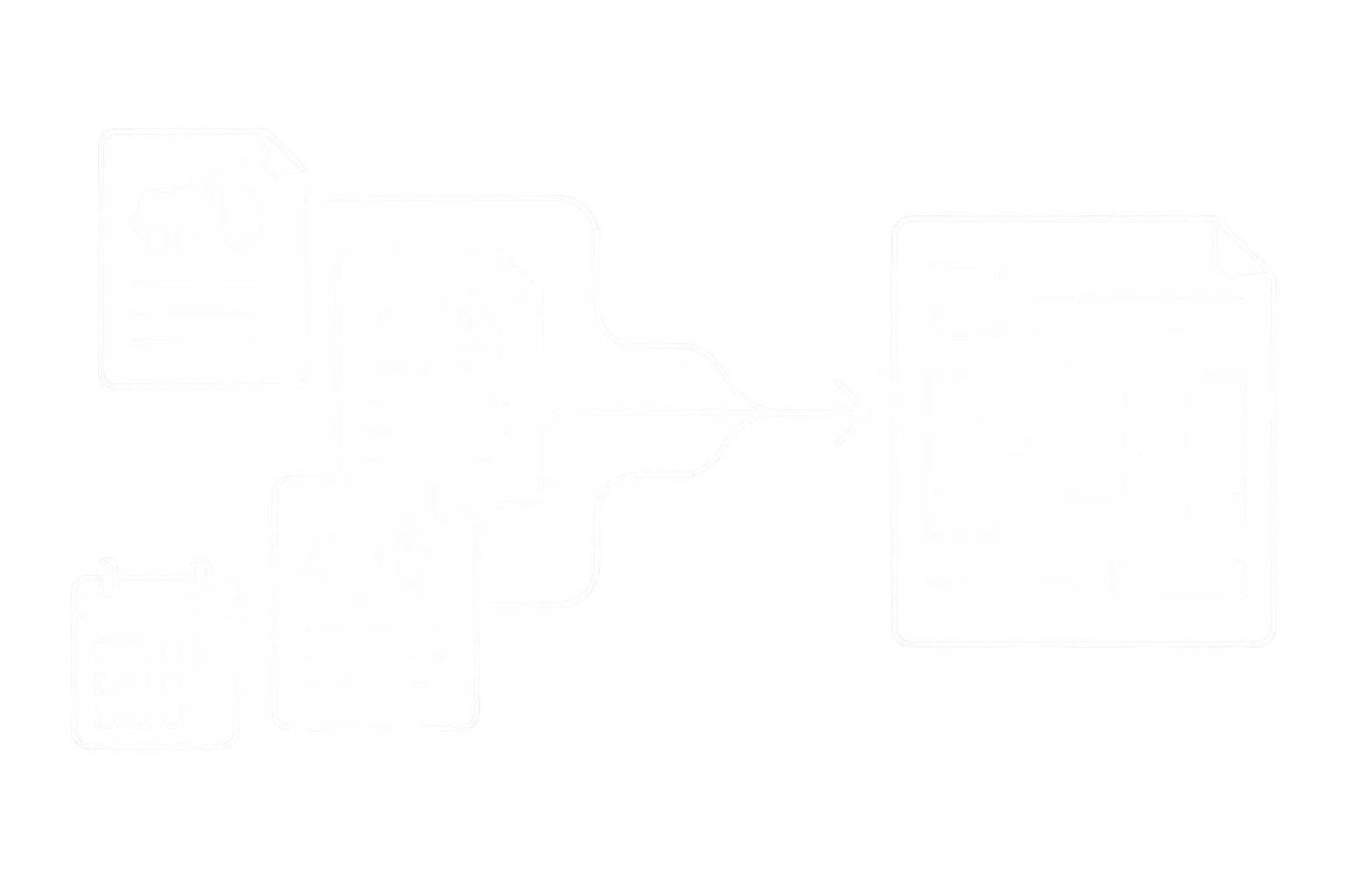 Weiße Linienzeichnung mehrerer Lieferscheine, die für einen Abrechnungszeitraum zu einer Sammelrechnung zusammengeführt werden