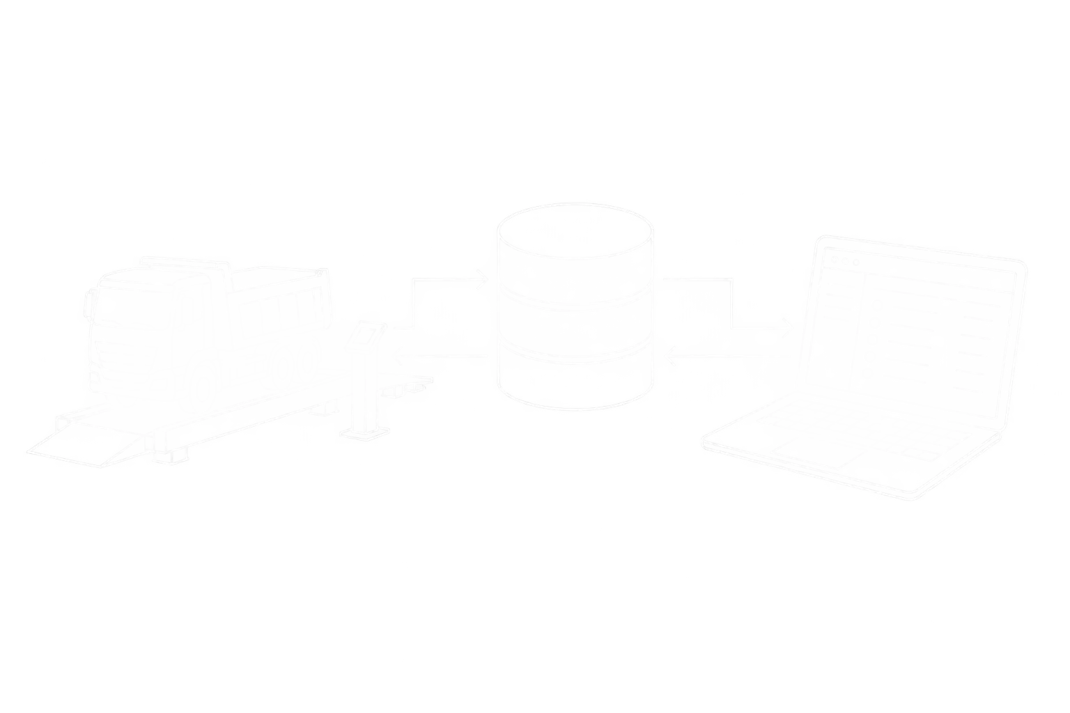 Weiße Linienzeichnung einer Fahrzeugwaage, einer Datenbank und eines Laptops mit verbundenen Datenwegen