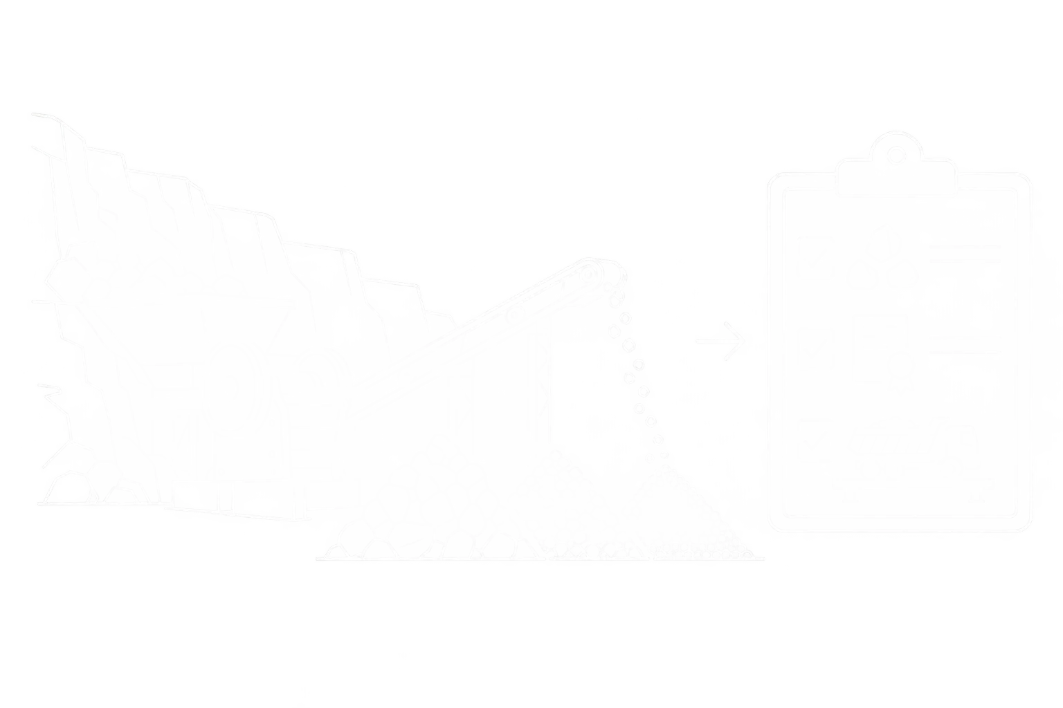 Weiße Linienzeichnung: Softwareauswahl im Schotterwerk mit Brecher, Klassierung, Körnungen und Prüfung der Qualitäts- und Wiegedaten