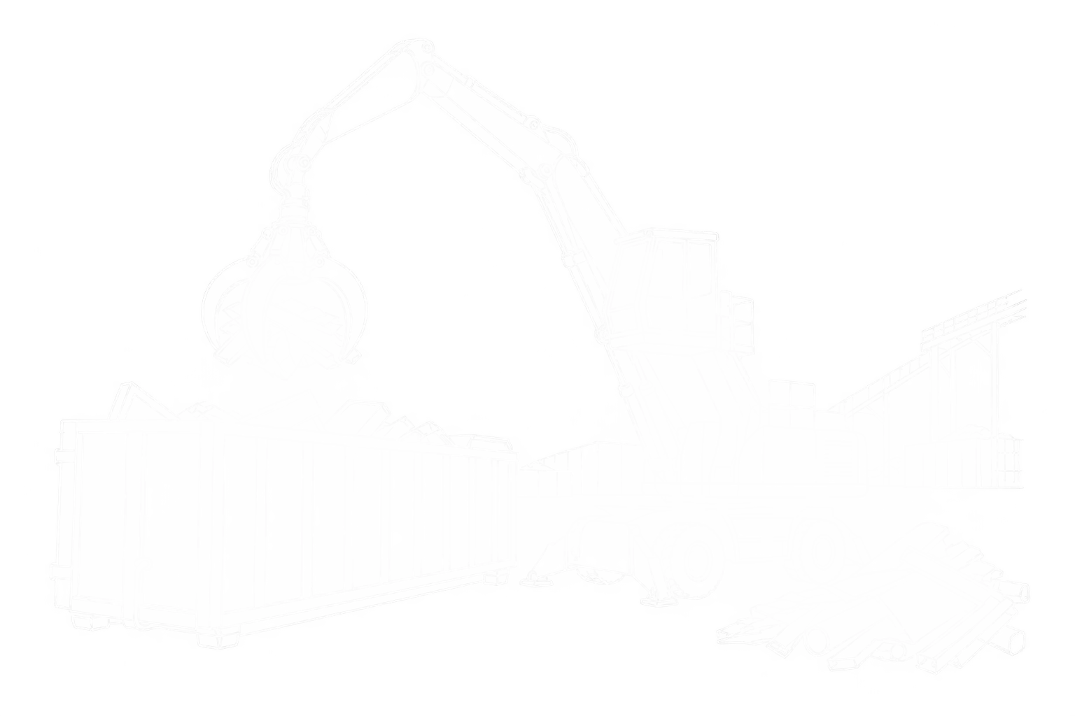 Weiße Linienzeichnung eines Umschlagbaggers mit Schrottgreifer, Metallcontainer und getrenntem Schrotthaufen