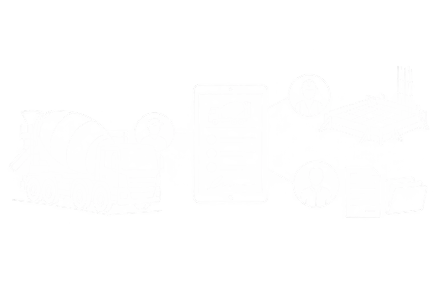 Weiße Linienzeichnung eines gemeinsamen digitalen Betonlieferscheins für Fahrer, Polier und Buchhaltung mit Bestätigung und Belegbezug