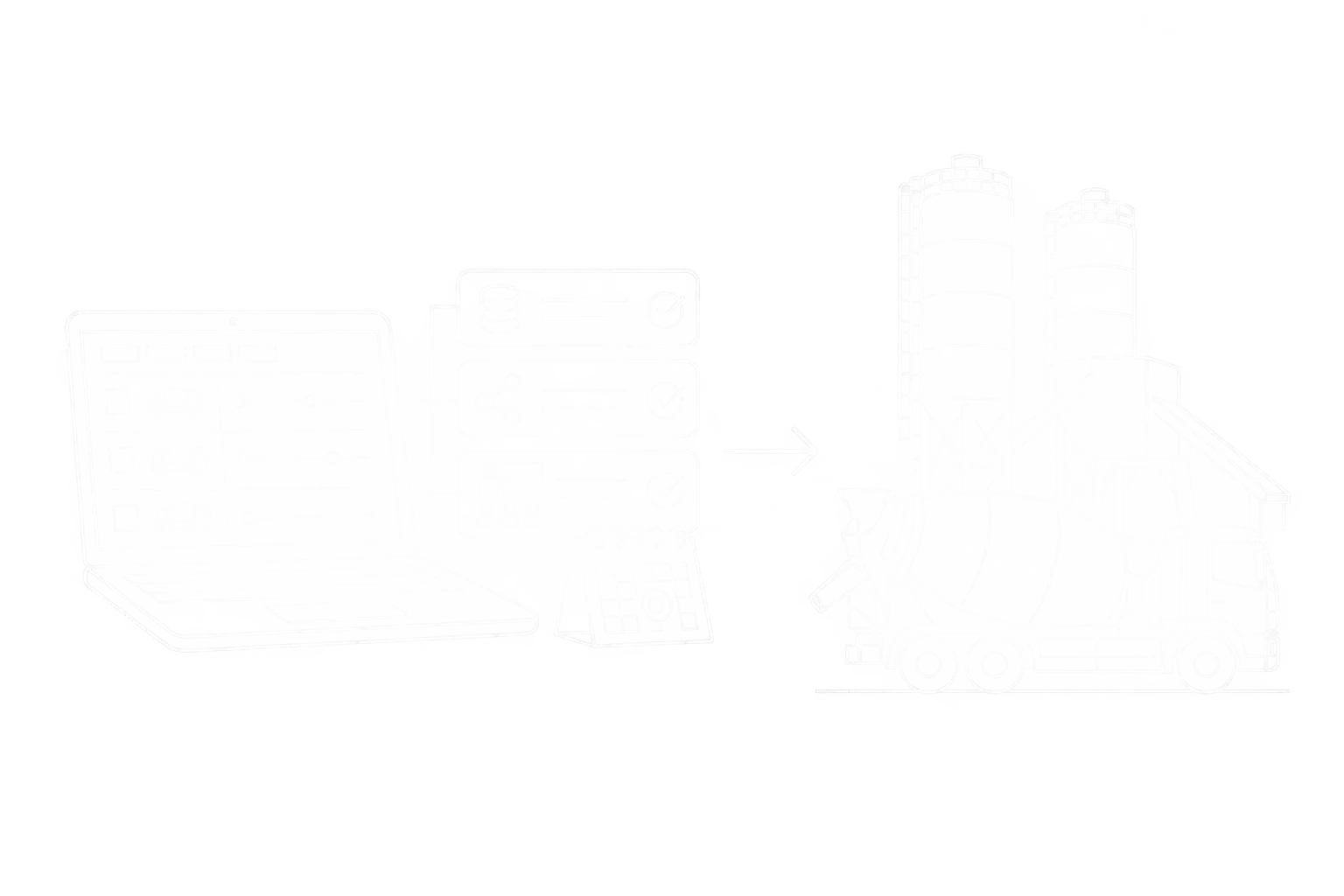Weiße Linienzeichnung einer geplanten Softwareeinführung mit Prüfliste, Termin und angebundenem Betonwerk samt Fahrmischer