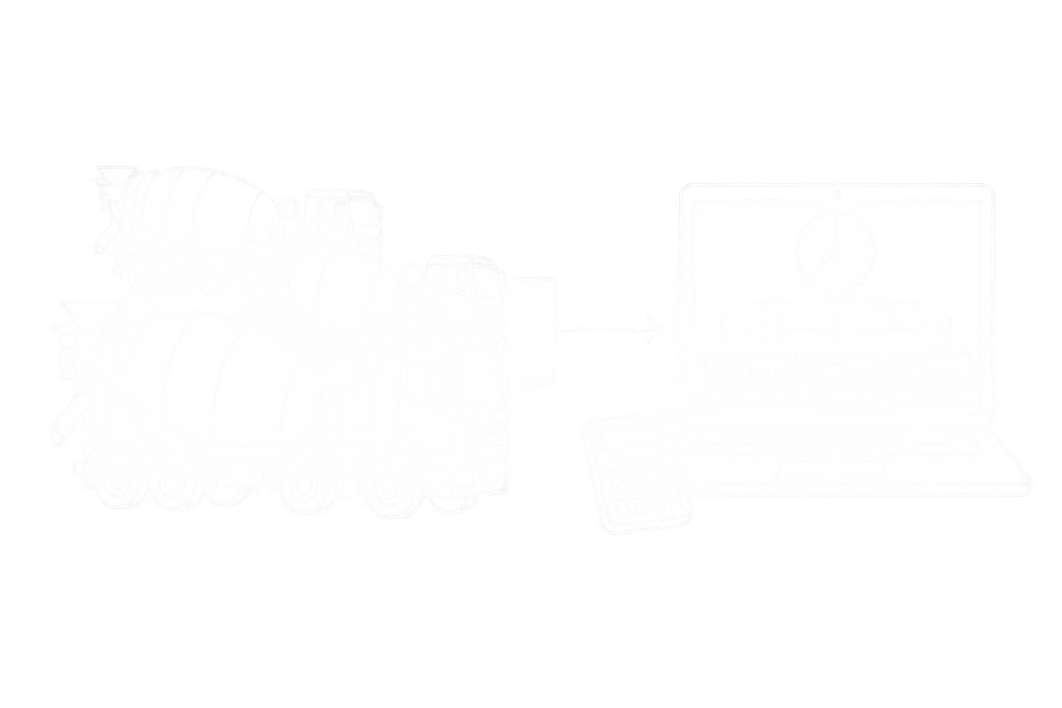 Weiße Linienzeichnung der Fahrmischer-Bedarfsplanung mit Fahrzeugflotte, Umlaufzeit, Liefertakt und Rechner