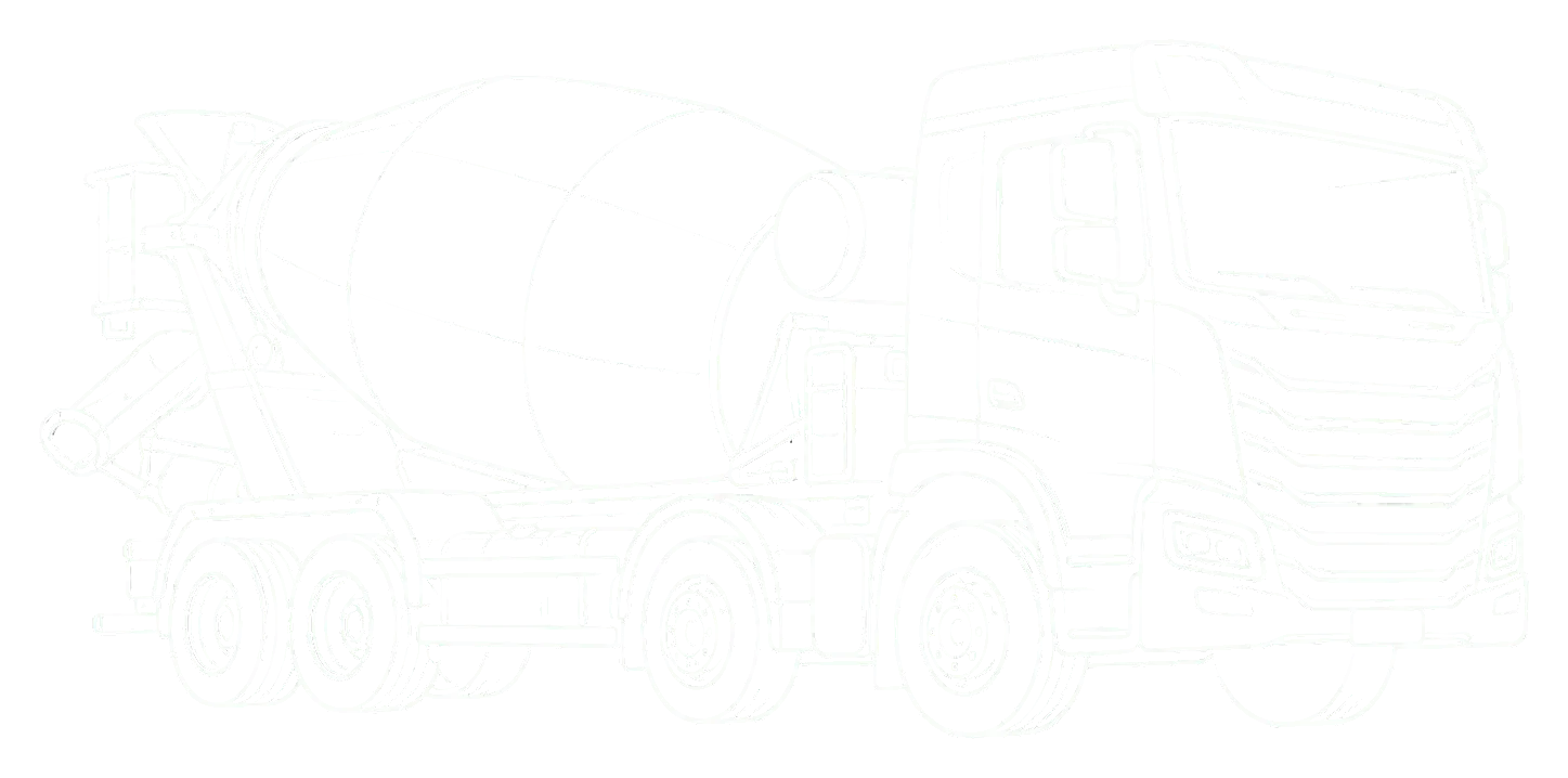 Weiße Linienzeichnung eines Fahrmischers mit Mischtrommel, Fahrerhaus und Auslaufrinne