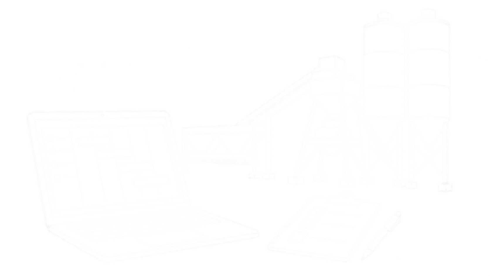 Feine weiße Linienzeichnung eines Laptops mit digitaler Plantafel, eines Betonwerks mit zwei Silos und einer Prüfliste mit Stift