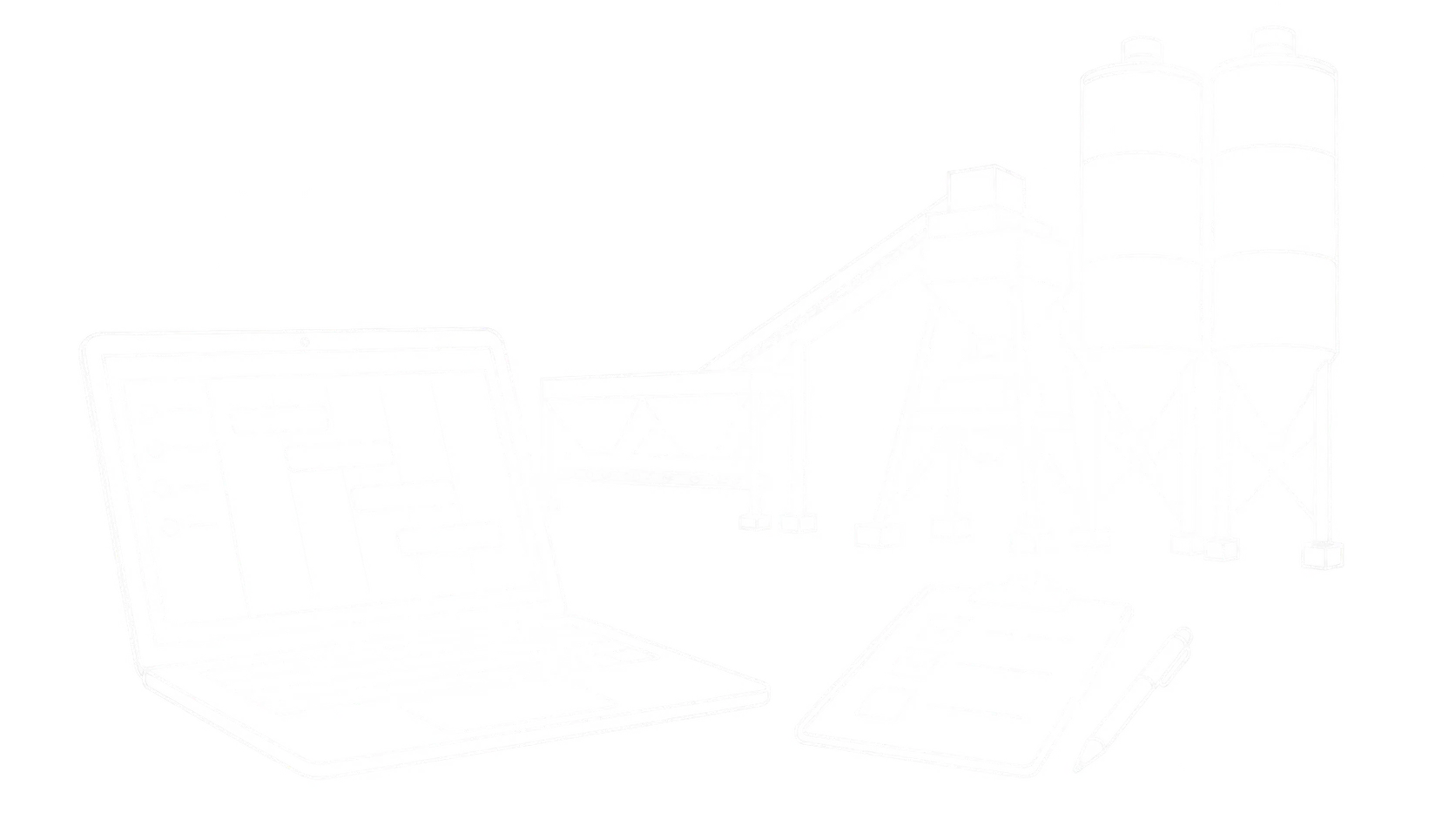 Feine weiße Linienzeichnung eines Laptops mit digitaler Plantafel, eines Betonwerks mit zwei Silos und einer Prüfliste mit Stift