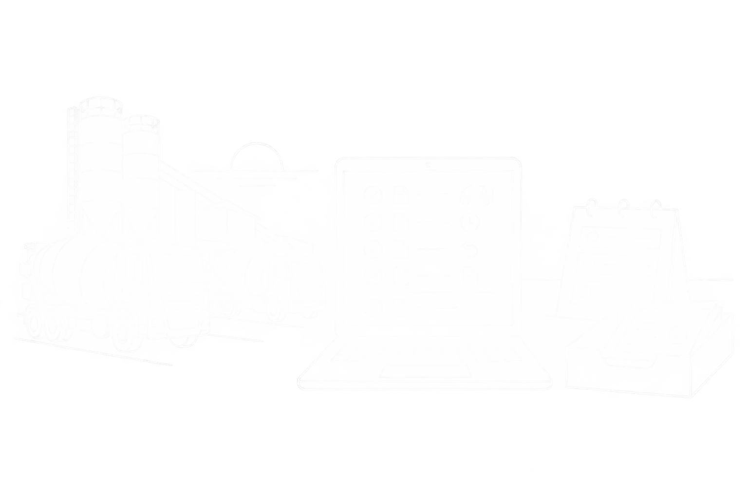 Weiße Linienzeichnung des digitalen Tagesabschlusses mit geprüften Lieferscheinen, Fahrzeugstatus und Planung für den nächsten Liefertag