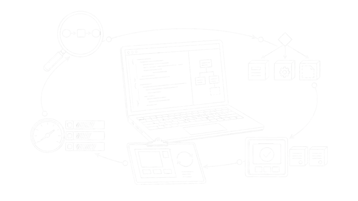 Weiße Linienzeichnung eines Entwicklungsnotebooks, umgeben von Prozessanalyse, Einordnung, Aufwandsschätzung, Konzeptschleife und Pilotfreigabe