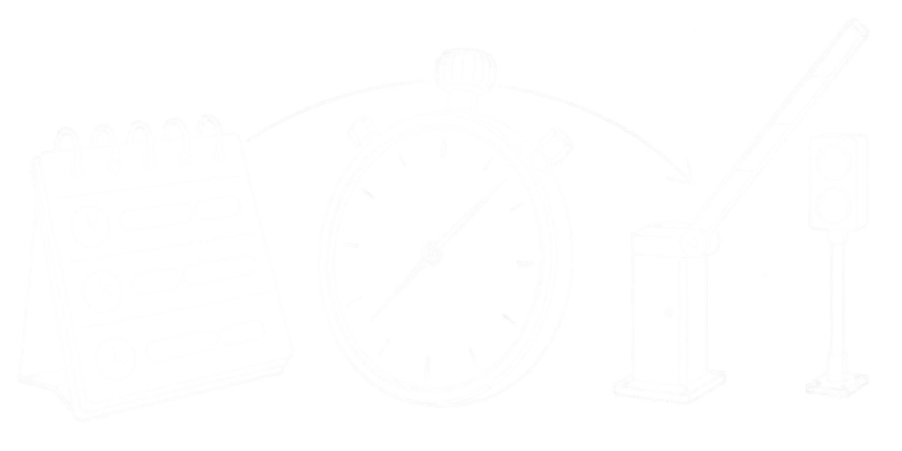 Feine weiße Linienzeichnung eines Terminplaners, einer Stoppuhr und einer geöffneten Einfahrtsschranke mit Signalgeber