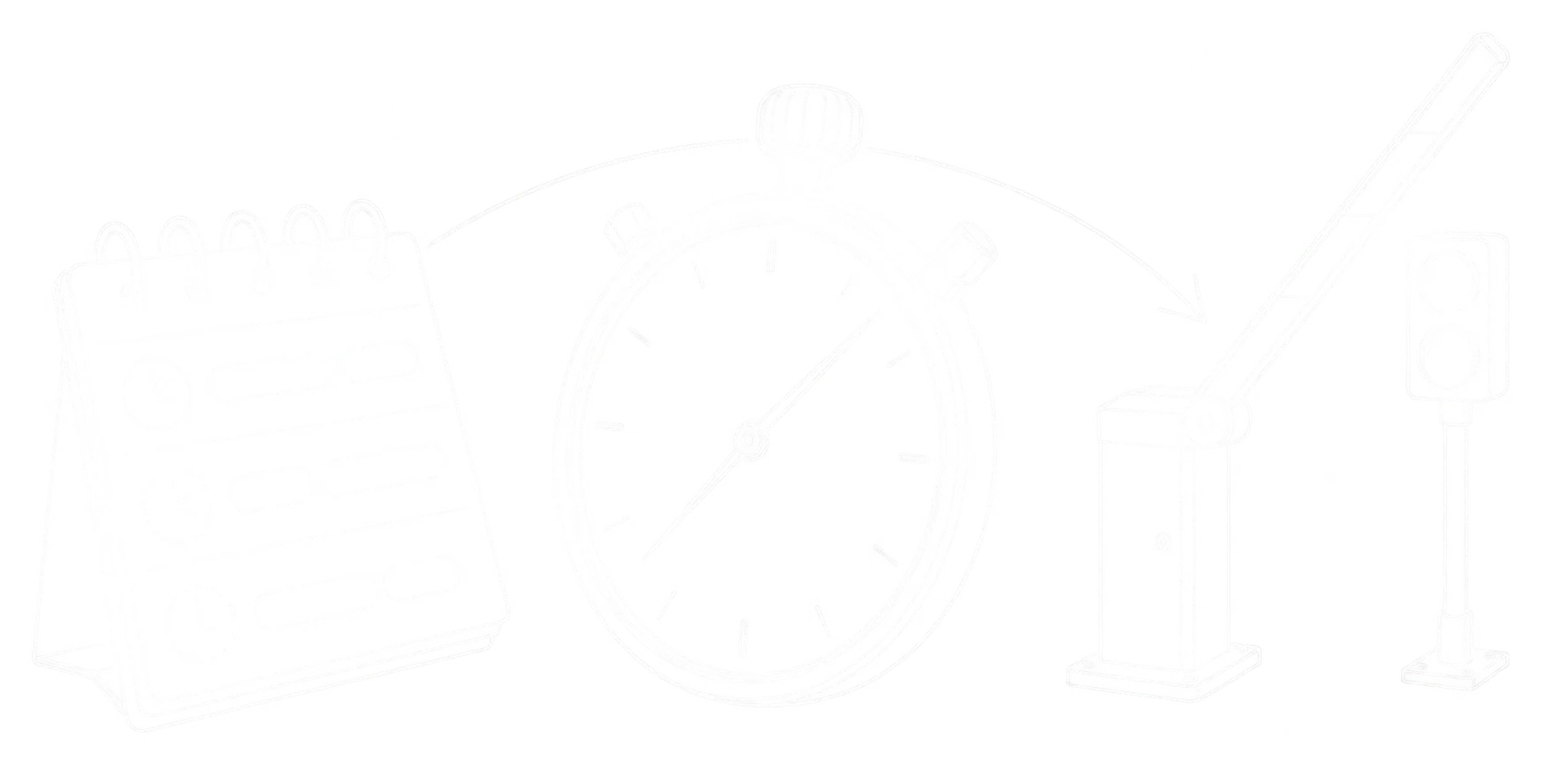 Feine weiße Linienzeichnung eines Terminplaners, einer Stoppuhr und einer geöffneten Einfahrtsschranke mit Signalgeber
