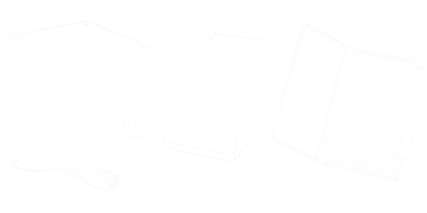 Feine weiße Linienzeichnung eines lokalen Industrie-PCs mit ausgestecktem Netzwerkkabel, eines Belegdruckers und eines offenen Notfallordners mit Checkliste