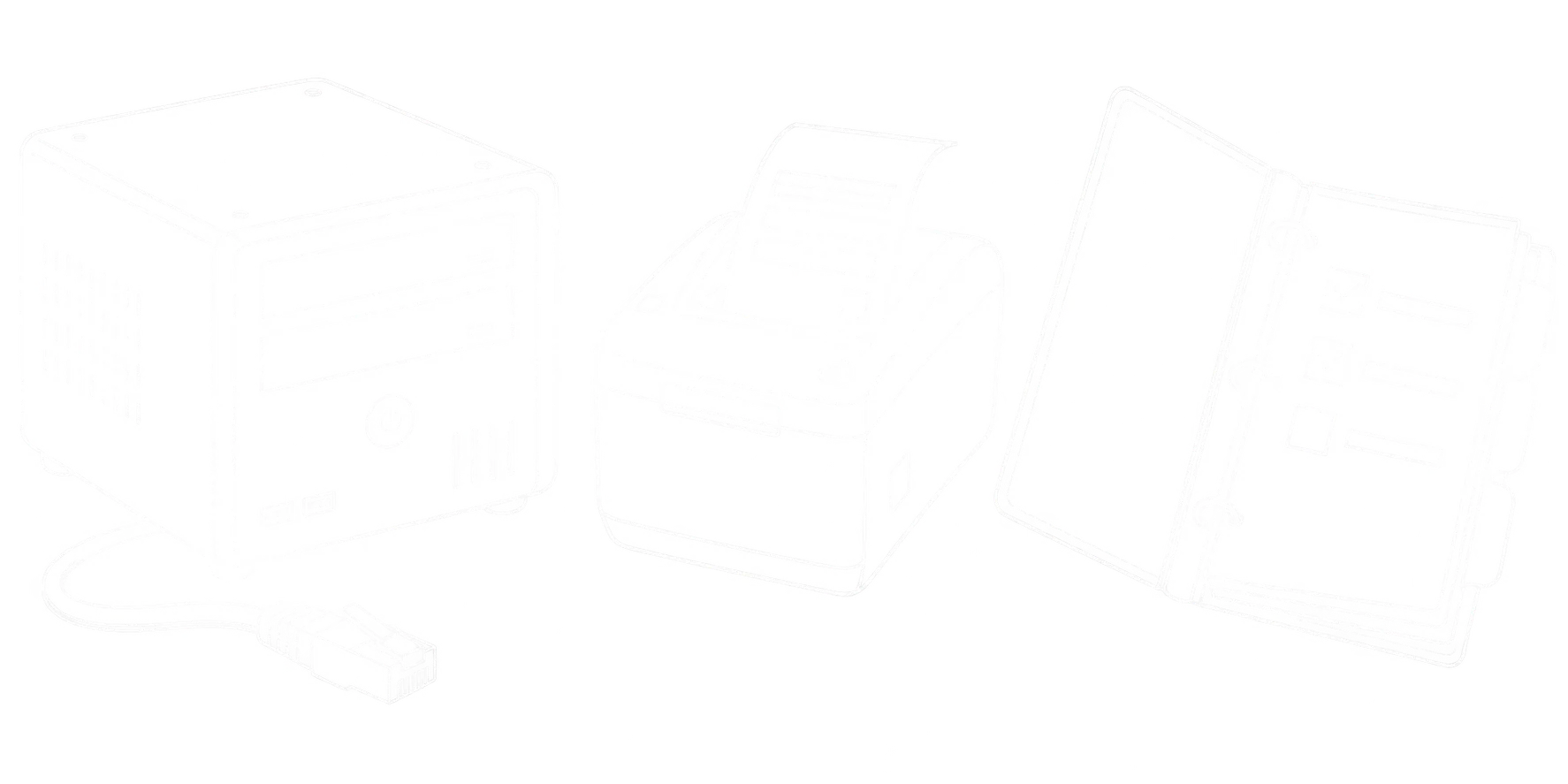 Feine weiße Linienzeichnung eines lokalen Industrie-PCs mit ausgestecktem Netzwerkkabel, eines Belegdruckers und eines offenen Notfallordners mit Checkliste