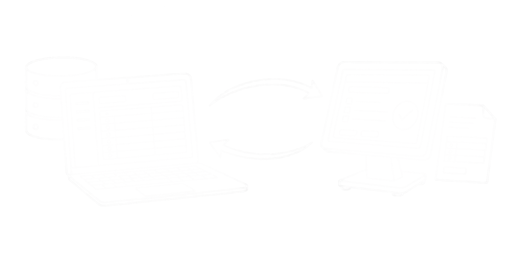 Feine weiße Linienzeichnung von Laptop, Datenbank und Wiegeterminal mit digitalem Beleg, verbunden durch Pfeile in beide Richtungen