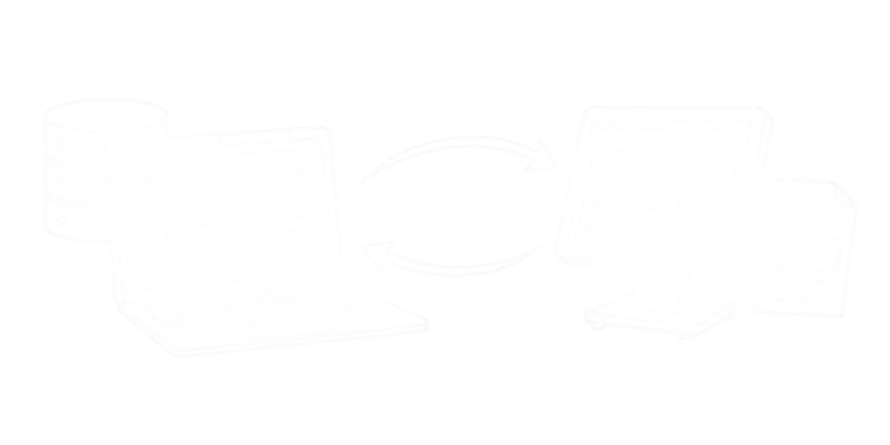 Feine weiße Linienzeichnung von Laptop, Datenbank und Wiegeterminal mit digitalem Beleg, verbunden durch Pfeile in beide Richtungen