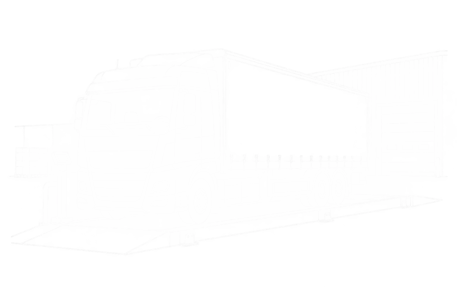 Weiße Linienzeichnung eines Lkw auf einer Fahrzeugwaage mit Wiegeterminal vor einer Industriehalle