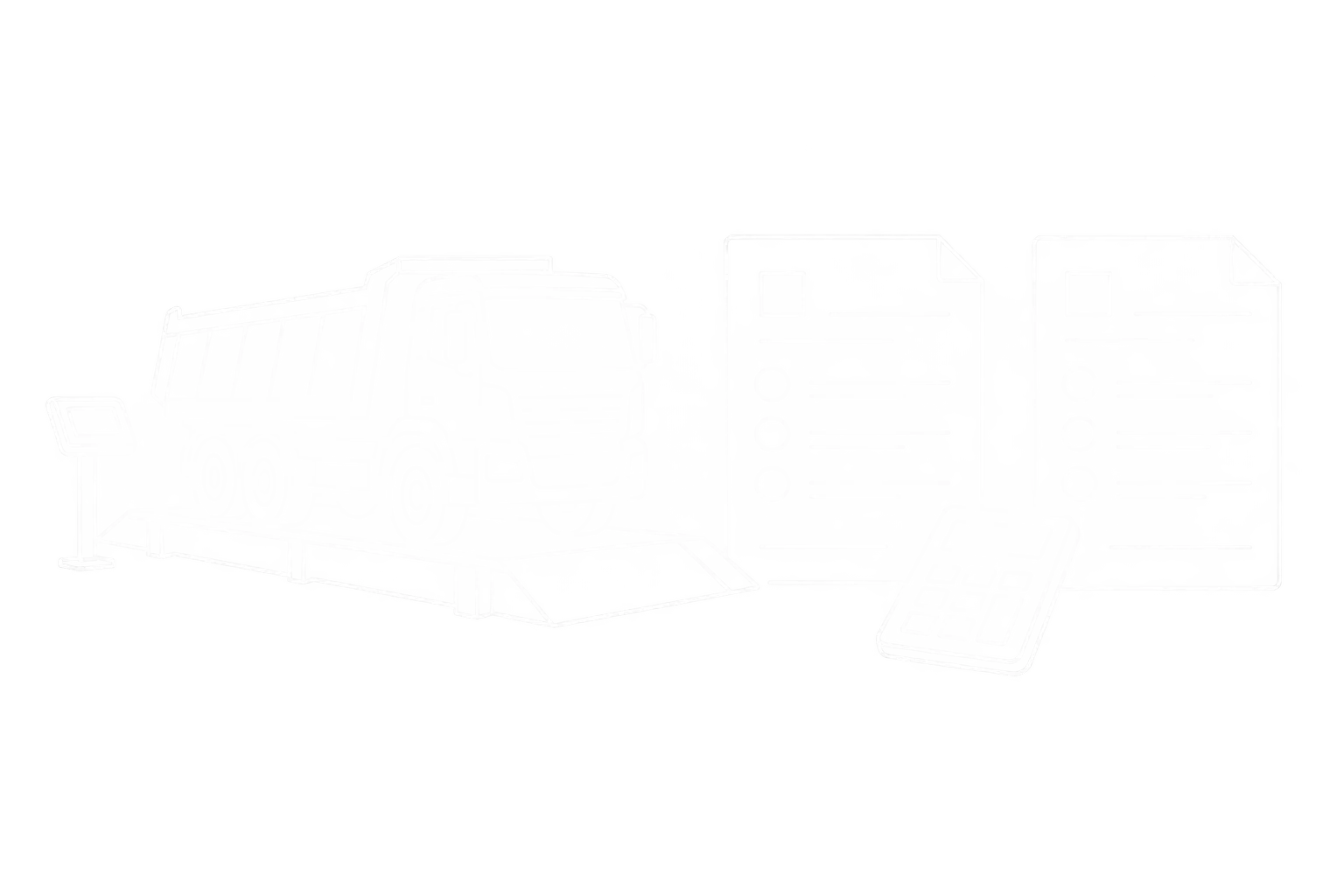 Weiße Linienzeichnung eines Lkw auf einer Fahrzeugwaage neben zwei Angeboten und einem Taschenrechner